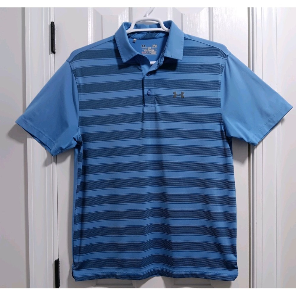 Under Armour Men's Golf Polo Shirt Heat Gear, Loose Fit Size Large Blue Striped